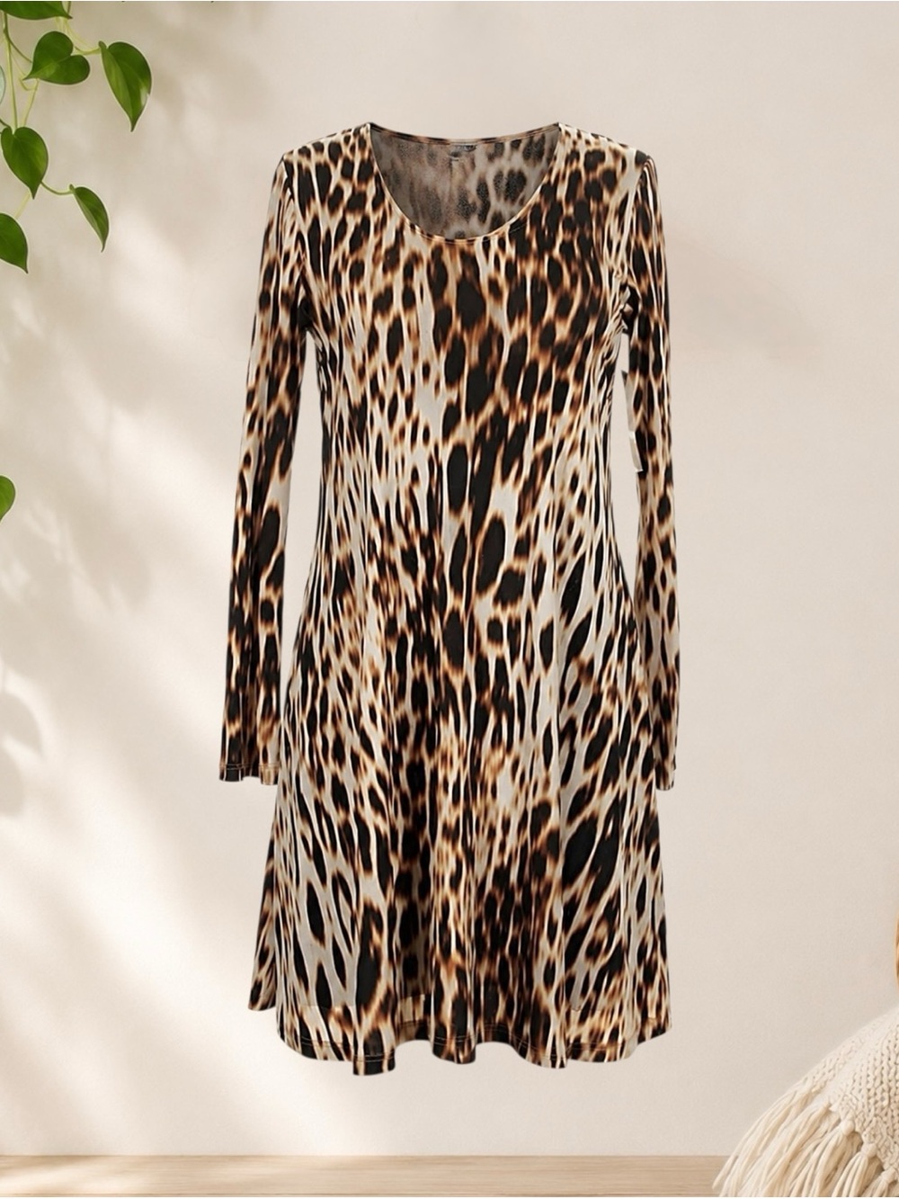 Karen Kane Blurred Cheetah Print A-Line Dress in Brown and Cream